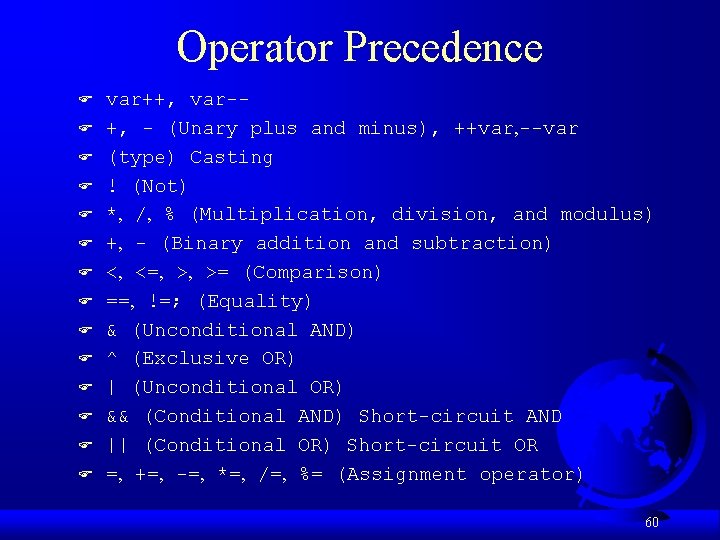 Operator Precedence F F F F var++, var-+, - (Unary plus and minus), ++var,