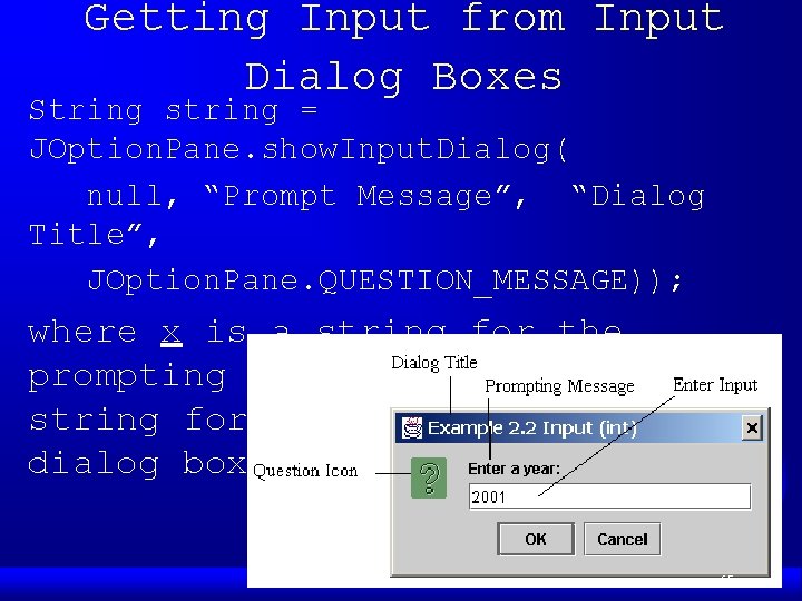 Getting Input from Input Dialog Boxes String string = JOption. Pane. show. Input. Dialog(