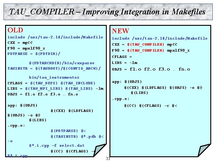 TAU_COMPILER – Improving Integration in Makefiles OLD NEW include /usr/tau-2. 14/include/Makefile CXX = mp.