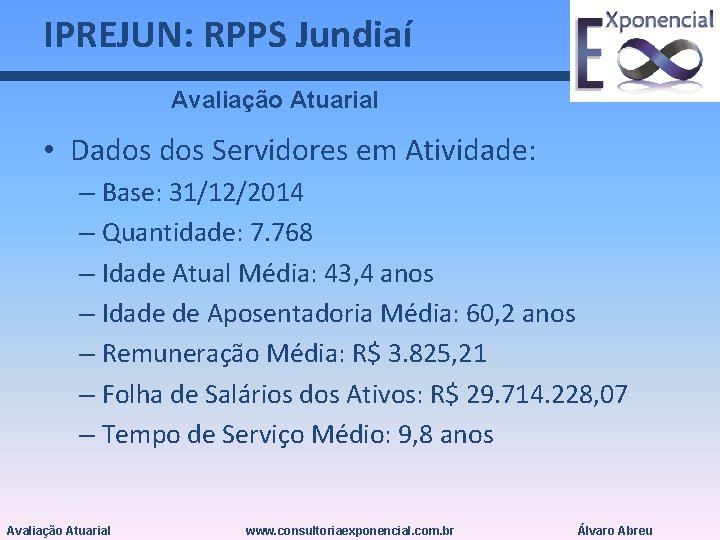 IPREJUN: RPPS Jundiaí Avaliação Atuarial • Dados Servidores em Atividade: – Base: 31/12/2014 –