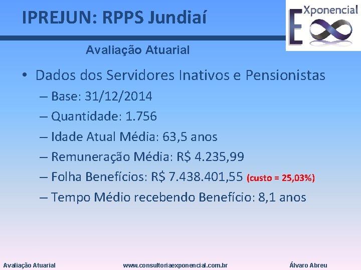 IPREJUN: RPPS Jundiaí Avaliação Atuarial • Dados Servidores Inativos e Pensionistas – Base: 31/12/2014
