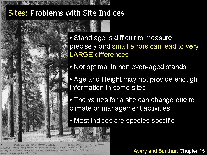 Sites: Problems with Site Indices • Stand age is difficult to measure precisely and