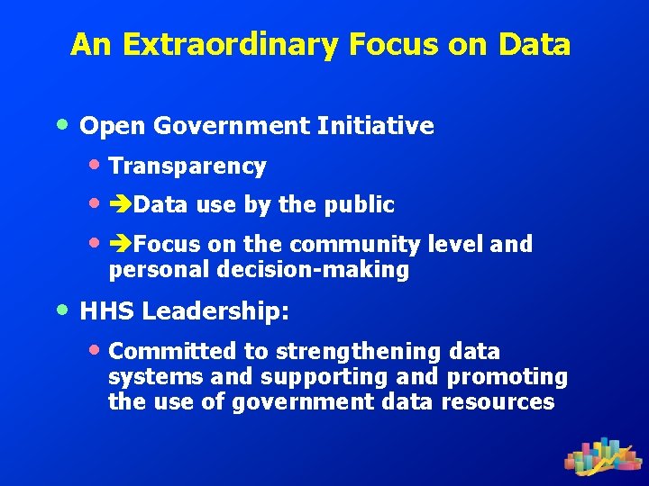 An Extraordinary Focus on Data • Open Government Initiative • Transparency • Data use