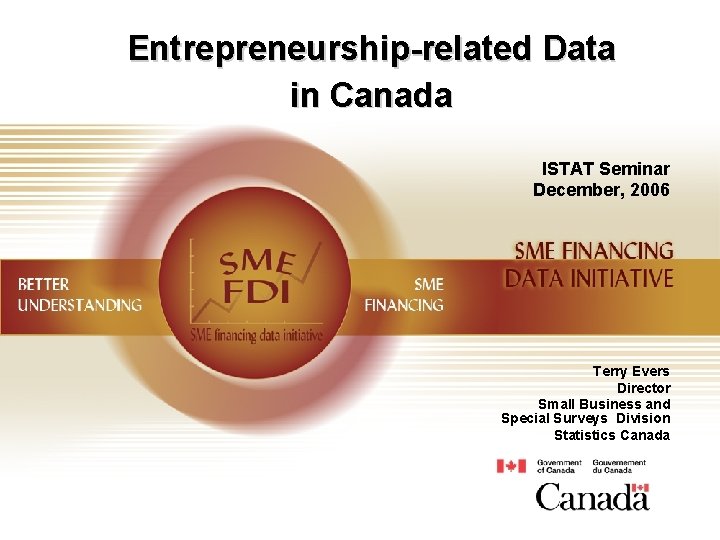 Entrepreneurship-related Data in Canada ISTAT Seminar December, 2006 Terry Evers Director Small Business and