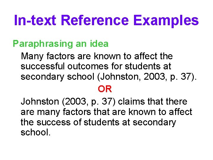 In-text Reference Examples Paraphrasing an idea Many factors are known to affect the successful