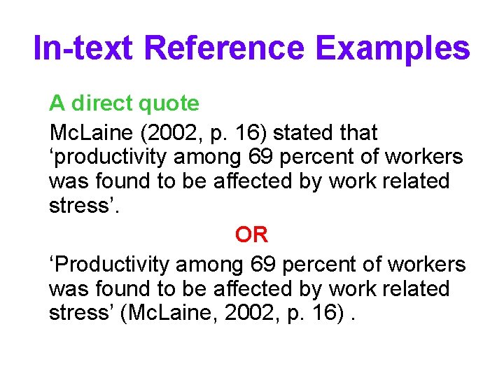 In-text Reference Examples A direct quote Mc. Laine (2002, p. 16) stated that ‘productivity