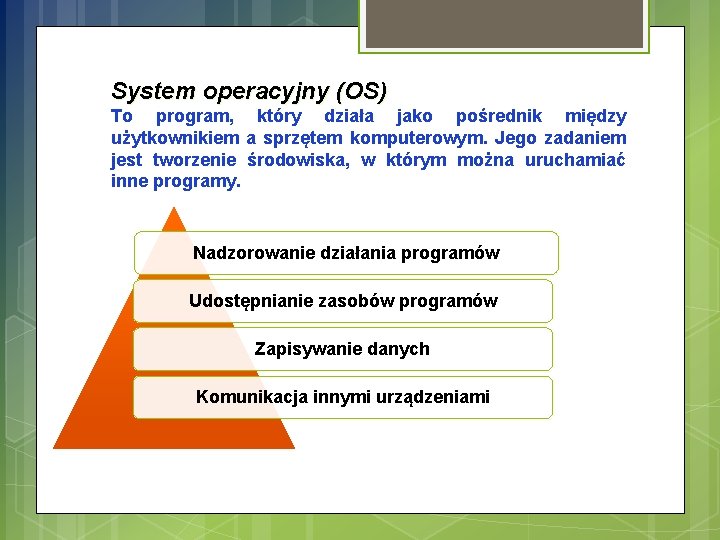 System operacyjny (OS) To program, który działa jako pośrednik między użytkownikiem a sprzętem komputerowym.