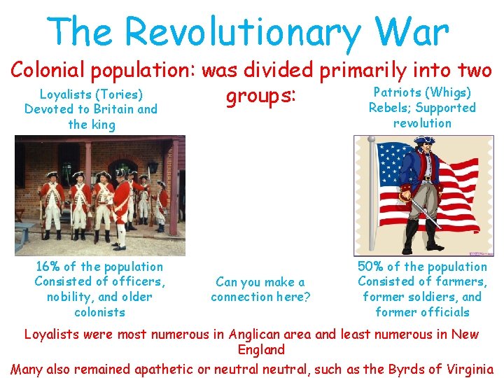 The Revolutionary War Colonial population: was divided primarily into two Patriots (Whigs) Loyalists (Tories)
