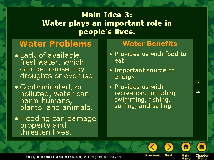 Main Idea 3: Water plays an important role in people’s lives. Water Problems Water