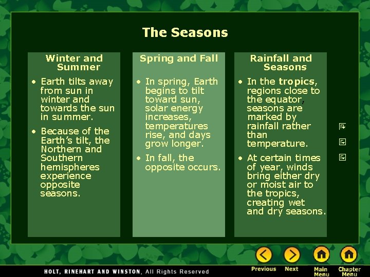 The Seasons Winter and Summer Spring and Fall Rainfall and Seasons • Earth tilts