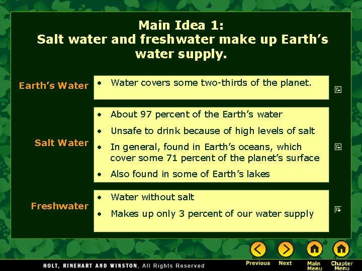 Main Idea 1: Salt water and freshwater make up Earth’s water supply. Earth’s Water