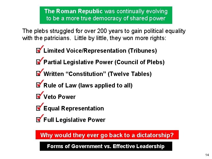 The Roman Republic was continually evolving to be a more true democracy of shared