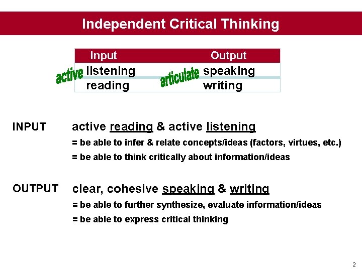 Independent Critical Thinking Input listening reading INPUT Output speaking writing active reading & active
