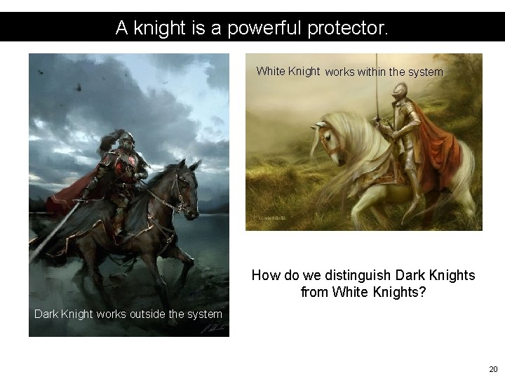 A knight is a powerful protector. White Knight works within the system How do