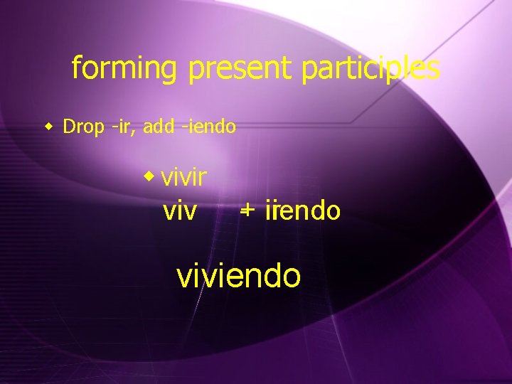forming present participles w Drop -ir, add -iendo w vivir viv - iriendo +