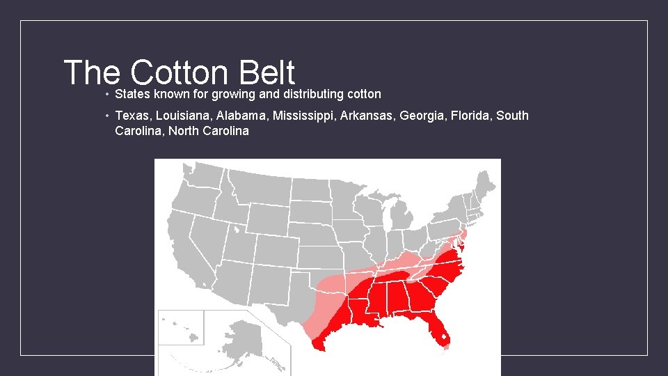 The Cotton Belt • States known for growing and distributing cotton • Texas, Louisiana,