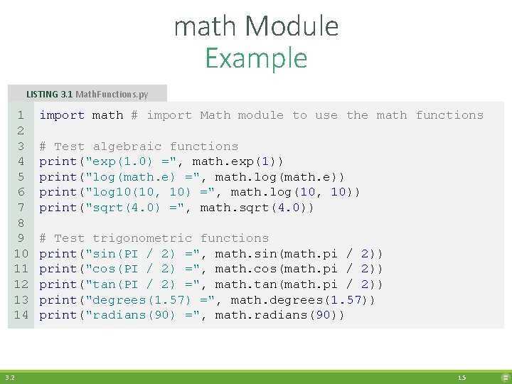 math Module Example LISTING 3. 1 Math. Functions. py 1 2 3 4 5