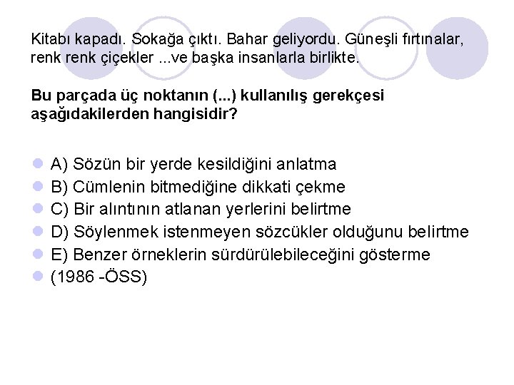 Kitabı kapadı. Sokağa çıktı. Bahar geliyordu. Güneşli fırtınalar, renk çiçekler. . . ve başka