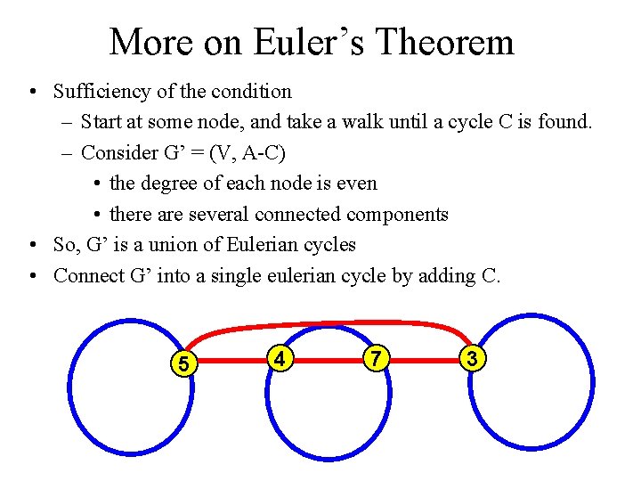 More on Euler’s Theorem • Sufficiency of the condition – Start at some node,