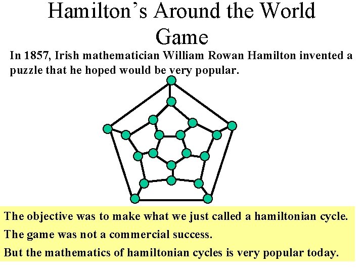 Hamilton’s Around the World Game In 1857, Irish mathematician William Rowan Hamilton invented a