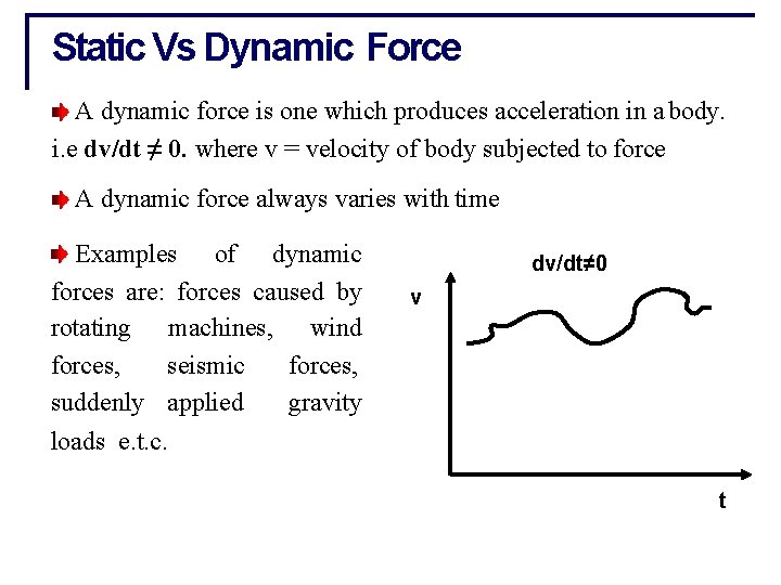Static Vs Dynamic Force A dynamic force is one which produces acceleration in a