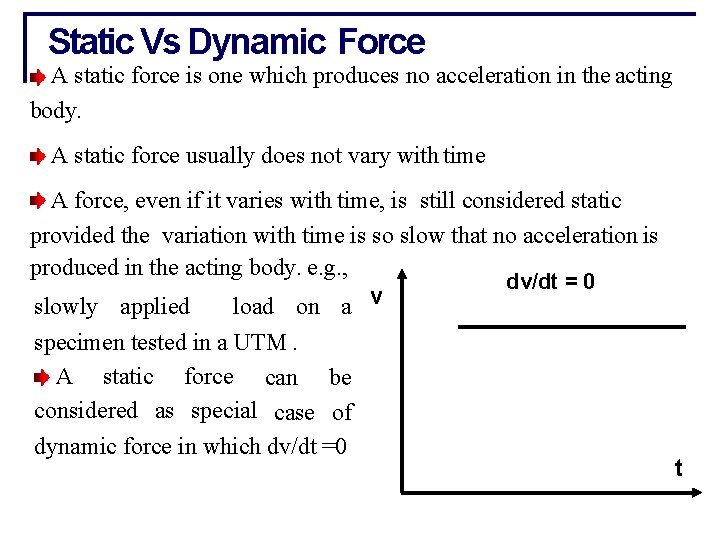 Static Vs Dynamic Force A static force is one which produces no acceleration in
