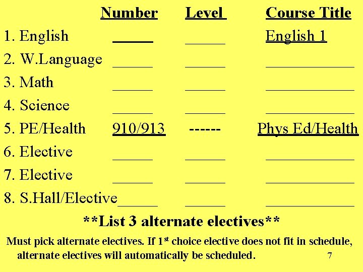 Number Level Course Title 1. English _____ English 1 2. W. Language ______ 3.