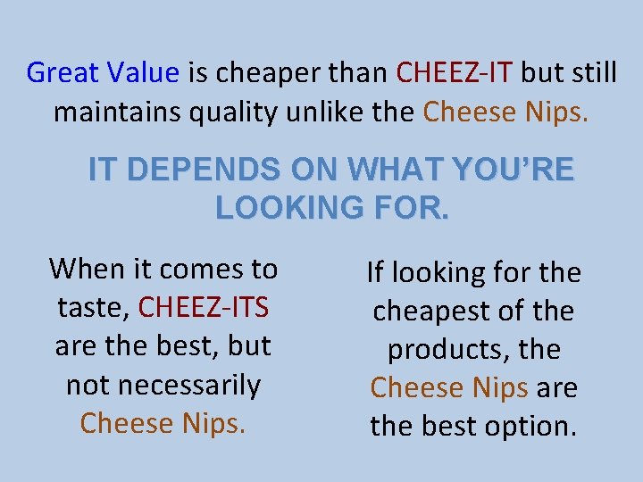 Great Value is cheaper than CHEEZ-IT but still maintains quality unlike the Cheese Nips.