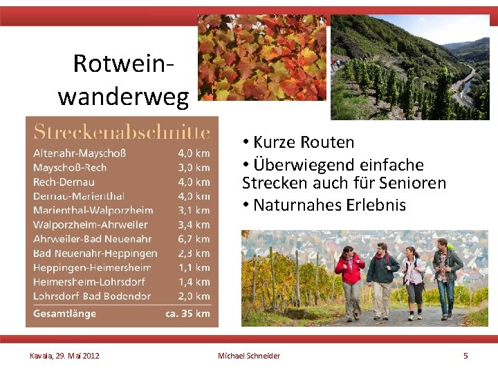 Rotweinwanderweg • Kurze Routen • Überwiegend einfache Strecken auch für Senioren • Naturnahes Erlebnis