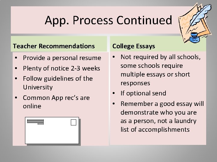 App. Process Continued Teacher Recommendations College Essays • Provide a personal resume • Plenty