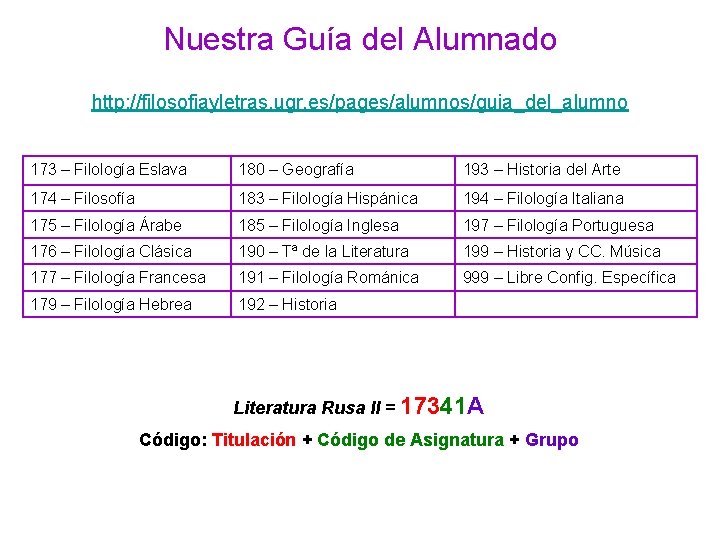 Nuestra Guía del Alumnado http: //filosofiayletras. ugr. es/pages/alumnos/guia_del_alumno 173 – Filología Eslava 180 –