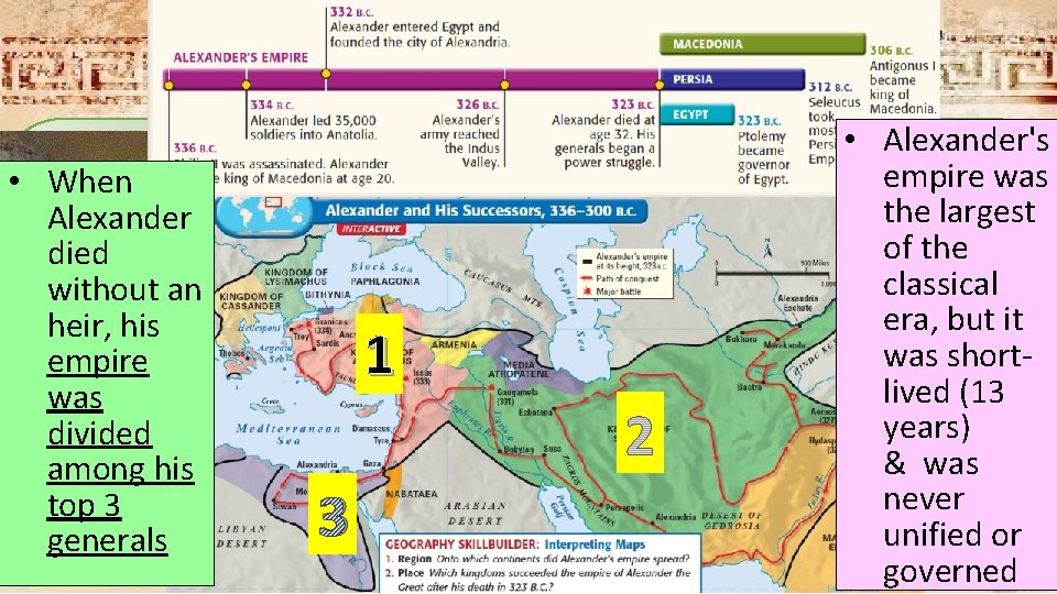 V. ALEXANDER THE GREAT • When Alexander died without an heir, his empire was