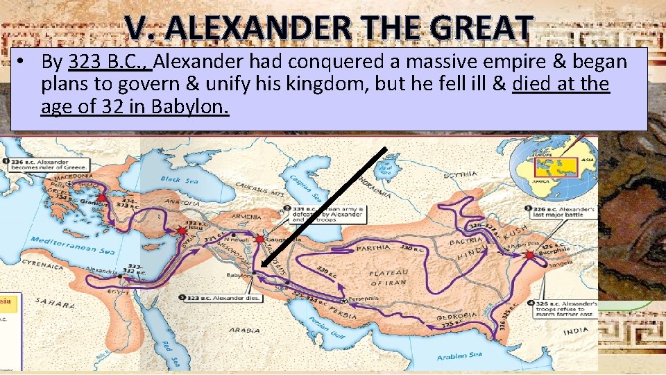 V. ALEXANDER THE GREAT • By 323 B. C. , Alexander had conquered a
