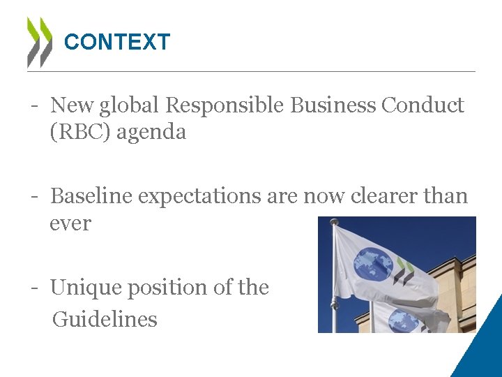 CONTEXT - New global Responsible Business Conduct (RBC) agenda - Baseline expectations are now