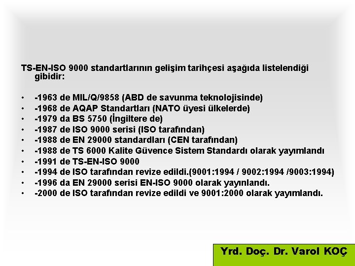 TS-EN-ISO 9000 standartlarının gelişim tarihçesi aşağıda listelendiği gibidir: • • • -1963 de MIL/Q/9858