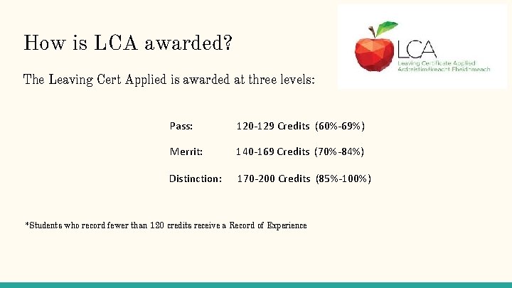 How is LCA awarded? The Leaving Cert Applied is awarded at three levels: Pass: