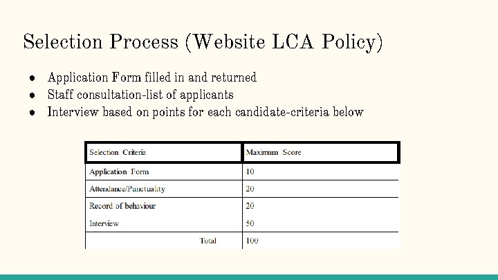 Selection Process (Website LCA Policy) ● Application Form filled in and returned ● Staff