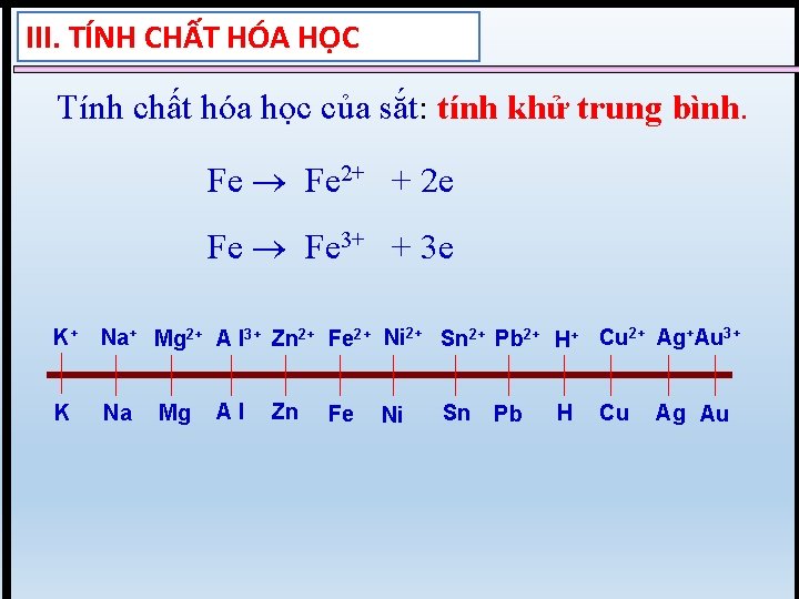 III. TÍNH CHẤT HÓA HỌC Tính chất hóa học của sắt: tính khử trung