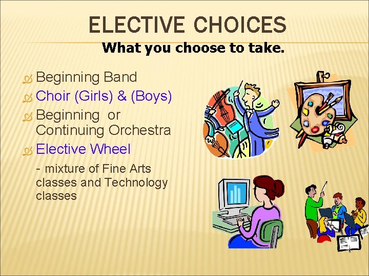 ELECTIVE CHOICES What you choose to take. Beginning Band Choir (Girls) & (Boys) Beginning