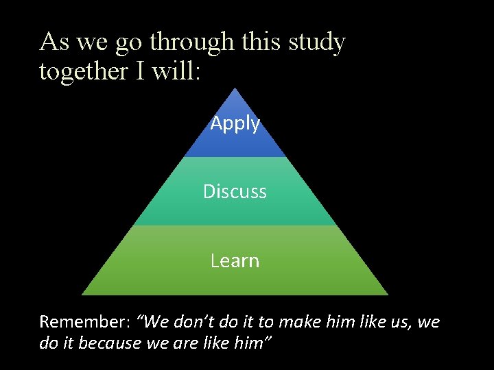 As we go through this study together I will: Apply Discuss Learn Remember: “We