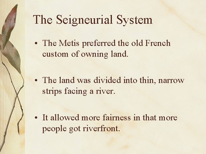 The Seigneurial System • The Metis preferred the old French custom of owning land.