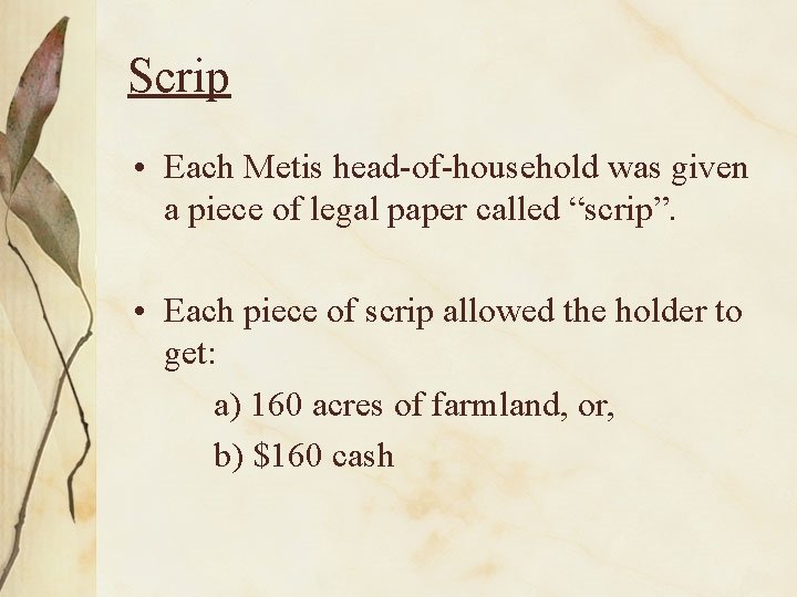 Scrip • Each Metis head-of-household was given a piece of legal paper called “scrip”.