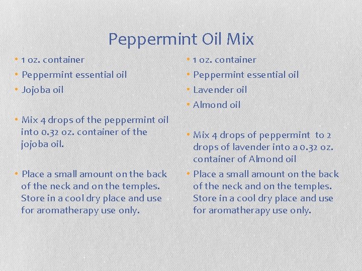 Peppermint Oil Mix • 1 oz. container • Peppermint essential oil • Jojoba oil