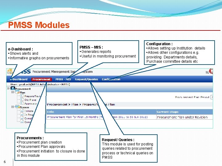 PMSS Modules e-Dashboard : • Shows alerts and • Informative graphs on procurements PMSS