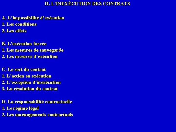 II. L’INEXÉCUTION DES CONTRATS A. L’impossibilité d’exécution 1. Les conditions 2. Les effets B.