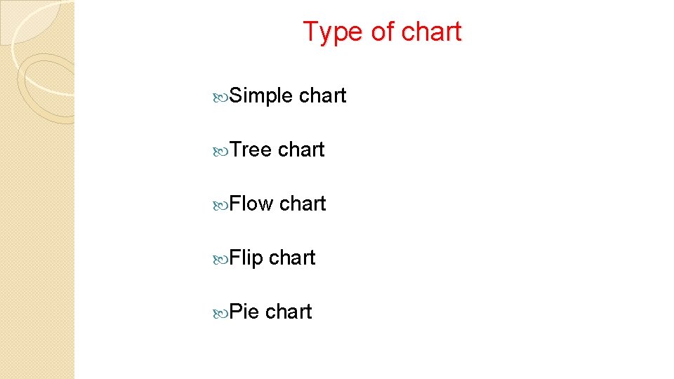 Type of chart Simple chart Tree chart Flow chart Flip chart Pie chart 