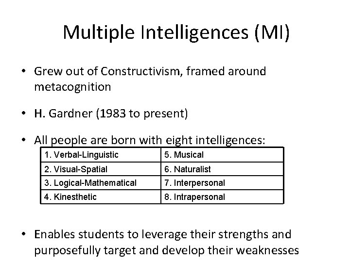 Multiple Intelligences (MI) • Grew out of Constructivism, framed around metacognition • H. Gardner