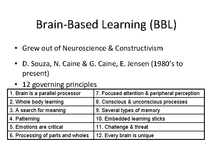 Brain-Based Learning (BBL) • Grew out of Neuroscience & Constructivism • D. Souza, N.