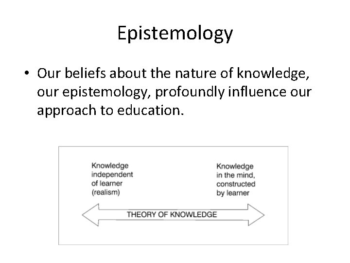 Epistemology • Our beliefs about the nature of knowledge, our epistemology, profoundly influence our