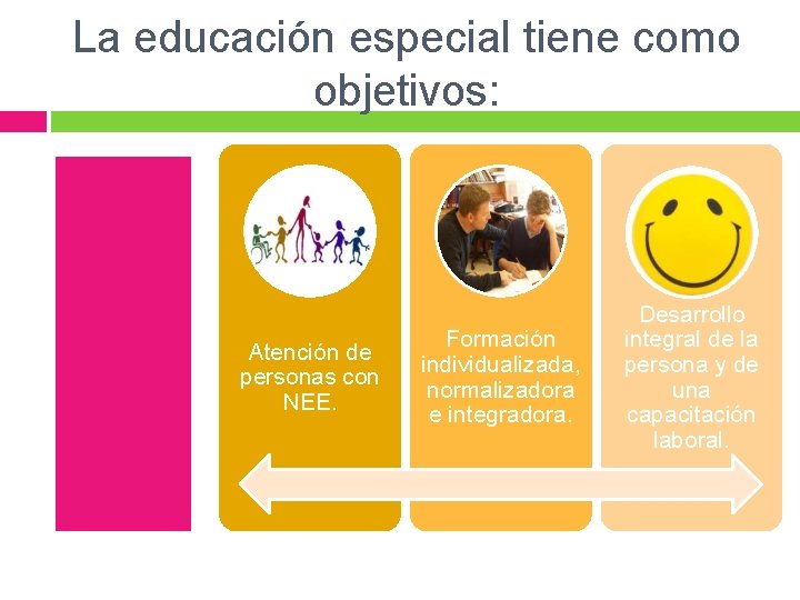 La educación especial tiene como objetivos: Atención de personas con NEE. Formación individualizada, normalizadora